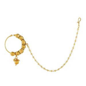 Gold Plated Kundan Nose Ring with Pearl Chain for Women