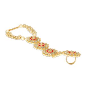 Gold Plated Kundan, Pink Enamel & Pearl Studded Bracelet with Adjustable Finger Ring for Women