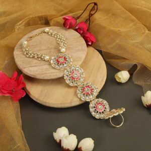 Gold Plated Kundan, Pink Enamel & Pearl Studded Bracelet with Adjustable Finger Ring for Women