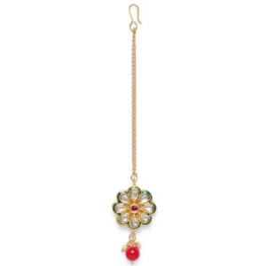 Gold Plated Kundan-Studded Floral Maang Tika with Ruby Drop for Women