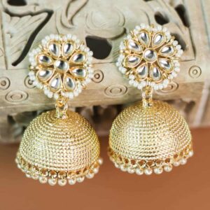 Gold Plated Kundan Studded Jhumki Earrings for Women