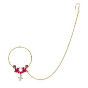 Gold Plated Lotus Shaped Fuschia Pink Enamel Nose Ring with Chain for Women