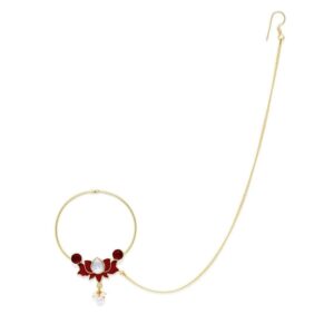 Gold Plated Lotus Shaped Ruby Red Enamel Nose Ring For Women