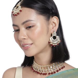 Traditional Gold Plated Mirror and Maroon Beads Embellished Choker Set with Maang Tikka for Women