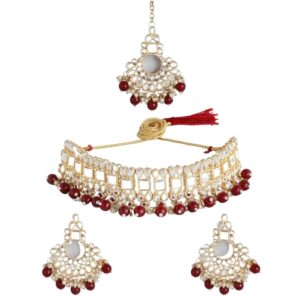Traditional Gold Plated Mirror and Maroon Beads Embellished Choker Set with Maang Tikka for Women