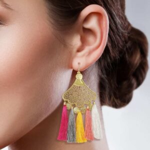 Gold Plated Multicolor Filigree Tassel Earrings for Women