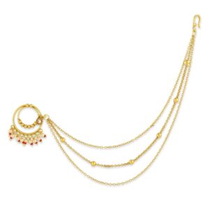 Traditional Gold Plated Nath/Nose Ring with Three Layer Chain for Women