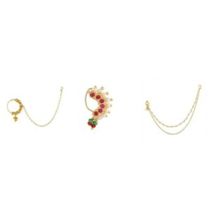 Gold Plated Nose Rings Pack of 3 Embellished with Kundan and Pearl for Women
