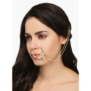 Gold Plated Pachi Kundan Embellished Statement Nose Ring with Double Pearl Chain for Women