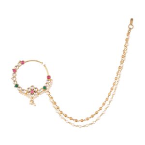 Gold Plated Pachi Kundan Embellished Statement Nose Ring with Double Pearl Chain for Women