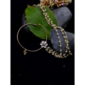 Gold Plated Pachi Kundan Nose Ring with Three Layer Pearl Chain for Women