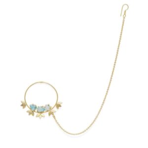 Gold Plated Pastel Blue Stone Nose Ring with Pearl Chain for Women