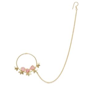 Gold Plated Pastel Pink Stone Nose Ring with Pearl Chain for Women