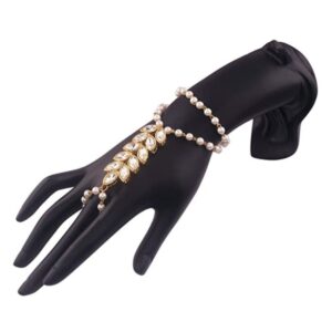 Gold Plated Pearl and Rhinestones Embellished Ring Bracelet for Women