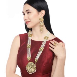 Gold Plated Pearl Jadau Necklace Set with Finger Ring for Women