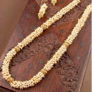 Traditional Gold Plated Pearls Embellished Long Mala Necklace Set for Women