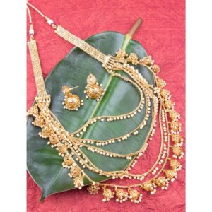 Traditional Gold Plated Pearls Long Multi Strand Bahubali Style Necklace Set for Women