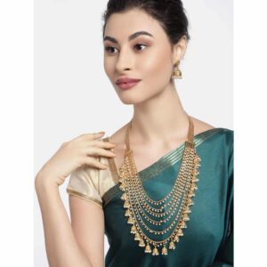Traditional Gold Plated Pearls Long Multi Strand Bahubali Style Necklace Set for Women