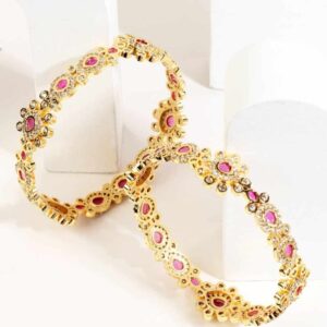 Gold Plated Pink American Diamond Studded Bangles Set Of 2 for Women