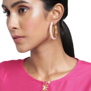 Gold Plated Pink Beads Embellished Hoop Earrings for Women