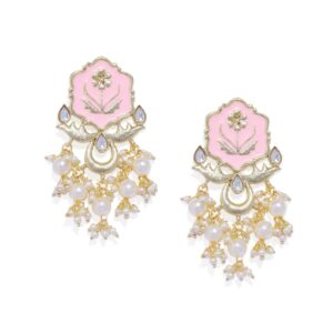Gold Plated Pink Enameled Dangle Earrings