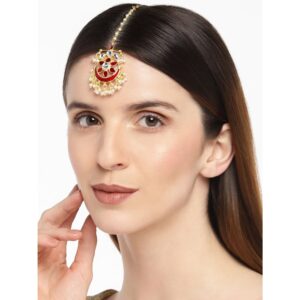 Gold Plated Red Enamel and Kundan Embellished Maang Tika for Women
