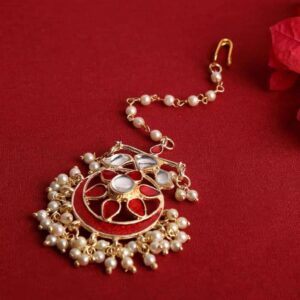 Gold Plated Red Enamel and Kundan Embellished Maang Tika for Women