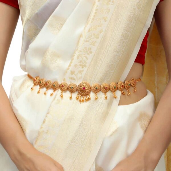 Gold Plated Red & Green Stones Studded Waist Belt/Bridal