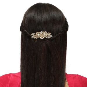 Gold Plated Rhinestones & Pearl Studded Hair Comb Pin in Floral Design for Women