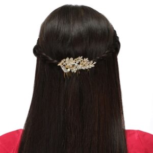 Gold Plated Rhinestones & Pearl Studded Hair Comb Pin in Floral Design for Women