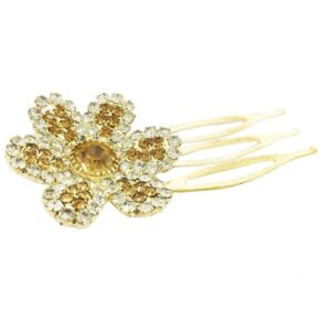 Gold Plated Rhinestones Studded Flower Shaped Hari Comb Pins Set of 2 for Women