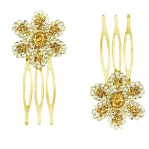 Gold Plated Rhinestones Studded Flower Shaped Hari Comb Pins Set of 2 for Women