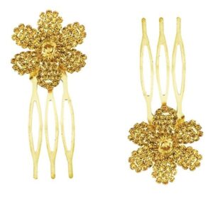 Gold Plated Rhinestones Studded Hair Comb Pins Set of 2 for Women