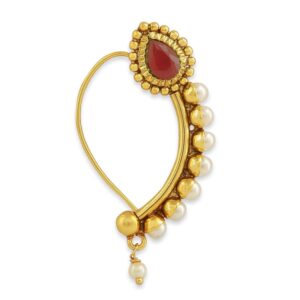 Traditional Gold Plated Ruby and Pearl Embellished Maharashtrian Nath for Women and Girls
