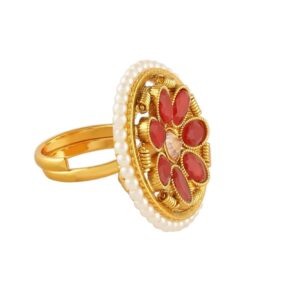 Gold Plated Ruby Embellished Floral Finger Ring for Women