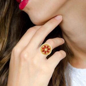Gold Plated Ruby Embellished Floral Finger Ring for Women