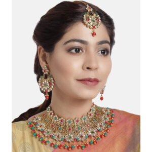 Gold Plated Ruby Emerald Embellished Bridal Jewellery Set with Maang Tika for Women