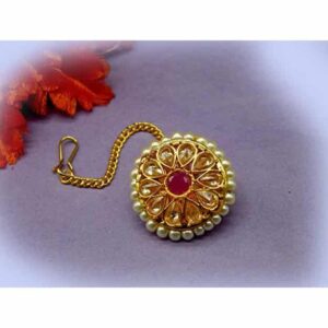 Traditional Gold Plated Ruby and Rhinestone Studded Rajasthani Borla Maang tikka for Women