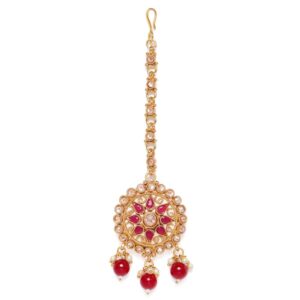 Ethnic Jewellery Gold Plated Ruby Stones Studded Maang Tika for Women