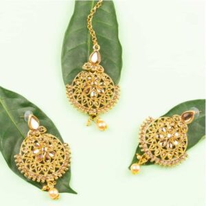 Gold Plated Statement Chandbali Style Earrings and Maang Tika Set for Women