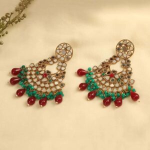 Gold Plated Statement Chandelier Earrings studded with Handcut Mirrors & Multicolour Beads for Women