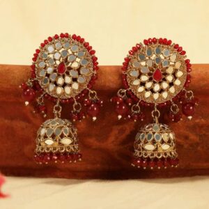 Gold Plated Statement Jhumka Earrings Studded with Handcut Mirrors & Maroon Beads for Women