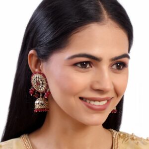 Gold Plated Statement Jhumka Earrings Studded with Handcut Mirrors & Maroon Beads for Women