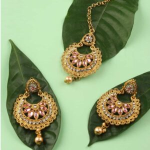 Gold Plated Studded Chandbali Style Earrings with Maang Tika for Women