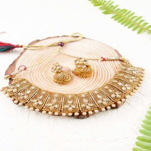 Traditional Gold Plated Studded Filigree Choker Necklace Set for Women