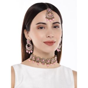 Gold Plated Studded Pink Beads Embellished Choker Set with Earrings and Maang Tika for Women