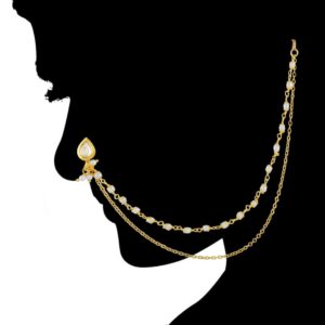 Gold Plated Tilak Shaped Kundan Nose Ring with Pearl Chain for Women