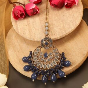 Gold Plated Traditional Chandbali Style Maangtika with Handcut Mirrors & Dangling Beads for Women