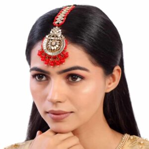 Gold Plated Traditional Chandbali Style Maangtika with Handcut Mirrors & Dangling Beads for Women