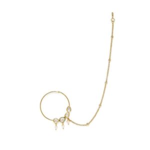 Gold Plated Vilandi Kundan Nose Ring with Chain for Women